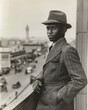 B&W Sepia toned portrait of a young African American man in Coney Island in the 1930's. Pensive and guarded expression and thoughtful emotion.