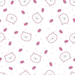 Wall Mural - Seamless funny pattern with funny head cats and strawberry.