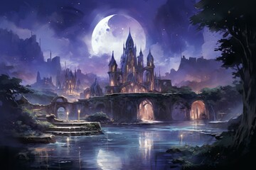 Poster - Bewitching moonstone fountains in Fantasy - Generative AI