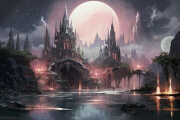 Canvas Print - Bewitching moonstone fountains in Fantasy - Generative AI