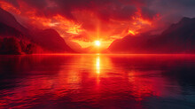 Bright Red References Of Sunset Against The Background Of The Etheric Mountains Create A Magical P
