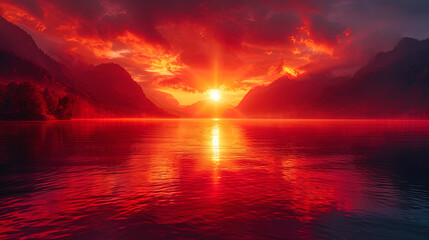 Bright red references of sunset against the background of the etheric mountains create a magical p