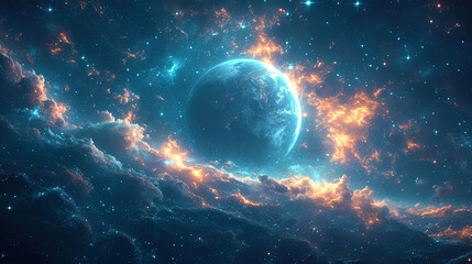 The background of Cosmos, where the azure shades of the planets and shining stars create visual ex