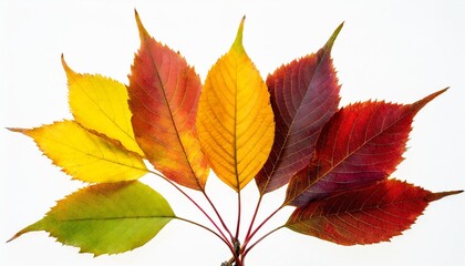 Wall Mural - autumn leaves fan out and form a gradient of color from yellow to red isolated on white