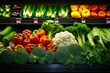 Vegetable display in supermarket with organic broccoli, paprika, lettuce, and onion. Bio food, grocery shopping. Generative AI