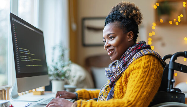 A happy african american disabled person in a wheelchair works remotely at a computer in a home office in a cozy atmosphere, housing is adapted for a disabled person