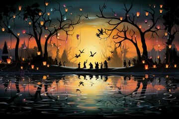 Canvas Print - Playful twilight fireflies, dancing in the fading light, casting a soft glow on the world - Generative AI