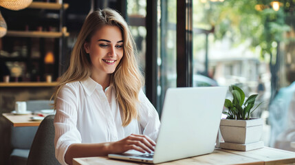 A woman sitting at a table using a laptop computer to efficiently complete tasks.