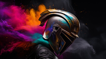 Spartan helmet and colored smoke on a black background Generate AI