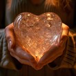 couple's hands gently holding a heart-shaped crystal pendant, ensuring the crystal's facets catch the light 