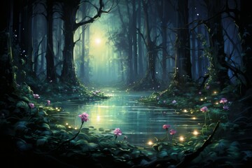 Canvas Print - Playful twilight fireflies, dancing in the fading light, casting a soft glow on the world - Generative AI