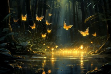 Wall Mural - Playful twilight fireflies, dancing in the fading light, casting a soft glow on the world - Generative AI