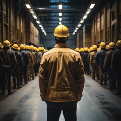 view from behind, industrial worker standing in a warehouse wearing a yellow hard hat and jacket
