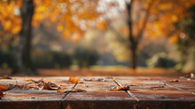 Empty Old Metal Table With Blurred Autumn Theme In Background, Perfect For Product Display.