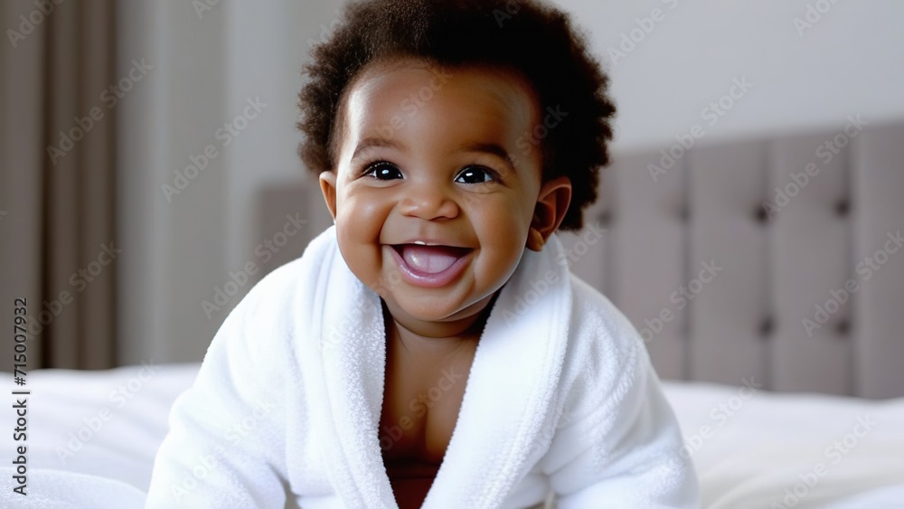 six month old happy laughing african american baby in white bathrobe on ...