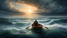 Lonely Man In Rowboat On Stormy Ocean. AI Generated 
