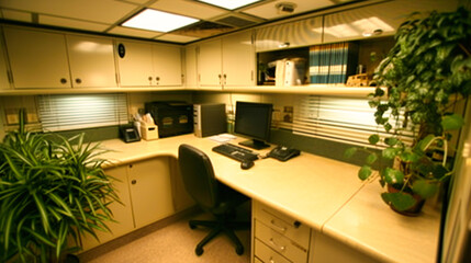 Wall Mural - Modern Office Workspace: An empty and modern office workspace with a desk, chair, and computer, representing a clean and corporate environment