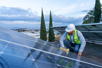 person engineer cleaning the dust dust from a solar panel; technician giving maintenance to a renewable energy station cleansing with a rag cloth