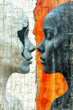 Abstract Silhouette Of Two Women Facing Each Other On A Cracked Stone Background