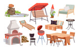 Fototapeta  - Garden furniture and barbecue equipment set vector illustration. Cartoon isolated outdoor loft wooden chair and hanging couch swing with cushion and canopy, gnome and fireplace, terrace table