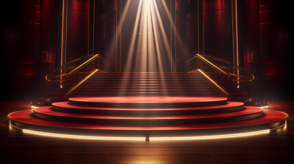 Red carpet staircase with smoke and spotlights, holiday awards ceremony event