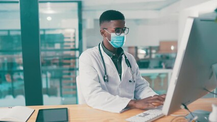 Poster - Mask, doctor and man with a computer, healthcare and research for medicine, face cover or wellness. Desktop, African person in a hospital or employee with a pc, surgeon or professional with analysis