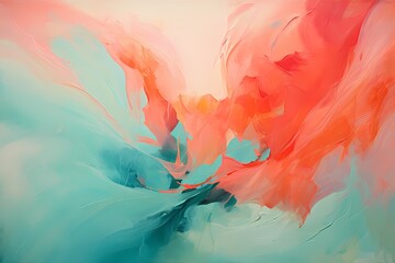 Wall Mural - Teal and coral brushstrokes mingle freely, giving birth to a lively and enchanting abstract composition.