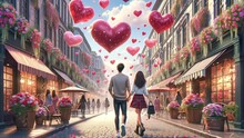 Valentine's Day - A Girl And A Guy Are Walking Along A Street Decorated With Flowers And Hearts. The Effect Of A Picture With Drops Under Water.