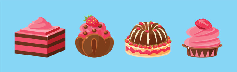 Sticker - Strawberry Chocolate Cake and Cupcake as Sweet Dessert Vector Set