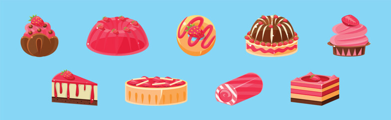Poster - Strawberry Cake, Roulade and Cupcake as Sweet Dessert Vector Set