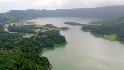 Wall Mural - Aerial shot picturesque paradise of Sete Cidades in Azores, Sao Miguel. Volcanic craters and stunning lakes. Ponta Delgada, Portugal. Natural wonders, landmarks and tourist attractions concept