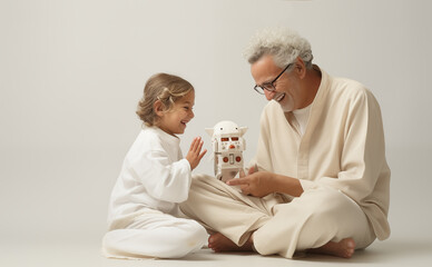 Joyful elderly man playing with his granddaughter and a small toy robot. Technology and new inventions in everyday life. Light background with copy space.