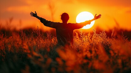 Silhouette of a person reaching towards the sun during a sunset, capturing the spirit of reaching for optimism. [Silhouette reaching towards sunset