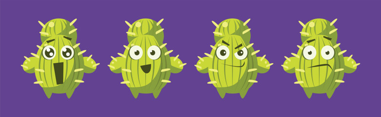 Wall Mural - Funny Green Prickly Cactus Character Show Emotion Vector Set