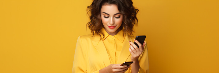 Wall Mural - Beautiful young brunette woman holding a phone on yellow background