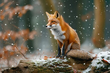 Red Fox In The Nature Forest Habitat Wide Angle Lens Picture. Animal With Tree Trunk With First Snow. Vulpes Vulpes, In Green Forest During Winter