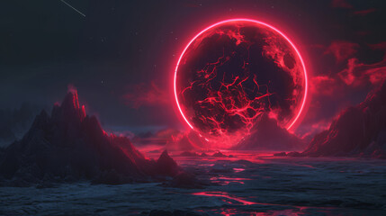 Wall Mural -  Red glowing eclipse in a dark space setting, with a surreal atmosphere.