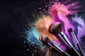 Poster - Make-up brush with pink powder explosion on black background. Makeup brush with pink and purple powder explosion. Cosmetic brushes and explosion colorful powders on black background.