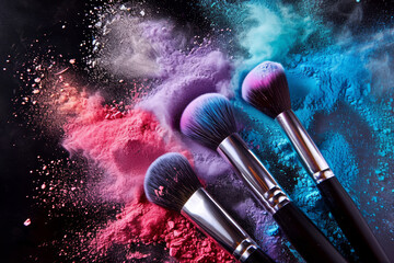 Poster - Make-up brush with pink powder explosion on black background. Makeup brush with pink and purple powder explosion. Cosmetic brushes and explosion colorful powders on black background.