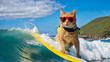 A cat is enjoying a summer vacation, surfing on the waves