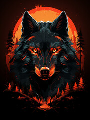  T-shirt design, a black wolf with piercing red eyes set against the mysterious backdrop of a dark forest created with Generative Ai