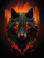  T-shirt design, a black wolf with piercing red eyes set against the mysterious backdrop of a dark forest created with Generative Ai