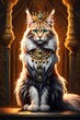 AI-generated illustration of A regal feline adorned with a crown amidst a vibrant golden display