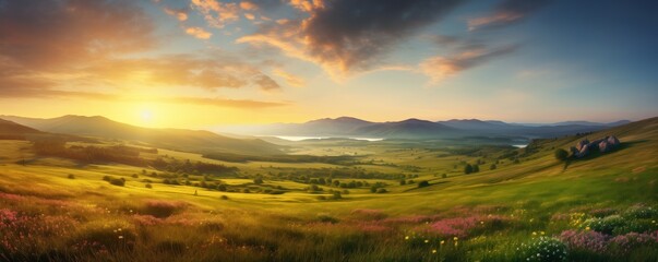 Wall Mural - Beautiful panoramic landscape of a green hills at sunset - AI Generated