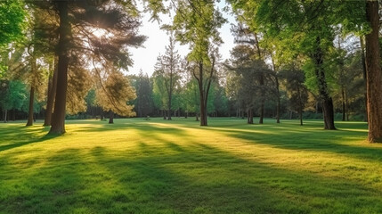 Wall Mural - a green park bathed in morning sunshine. summer splendor in the heart of the forest