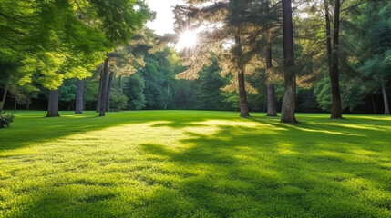 Wall Mural - a green park bathed in morning sunshine. summer splendor in the heart of the forest