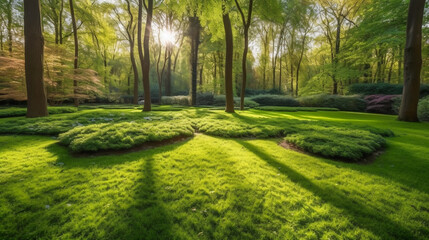 Wall Mural - a green park bathed in morning sunshine. summer splendor in the heart of the forest