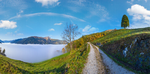  Peaceful misty autumn morning mountain view from hiking path from Dorfgastein to Paarseen lakes, Land Salzburg, Austria.