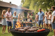 © Юлия Васильева - Group of friends grilling meat on barbecue grill in summer garden.