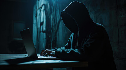 Wall Mural - Silhouette of a mysterious figure in a hoodie, facing away from the camera, illuminated by the blue light of a laptop screen in a dark room